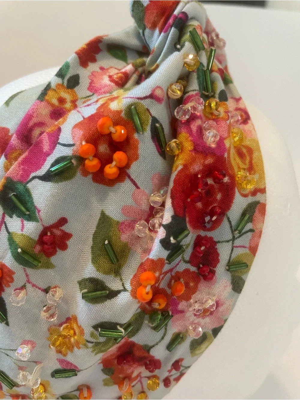 Josefina by Vero Solis Floral Beaded Knotted Headband Turban Blue